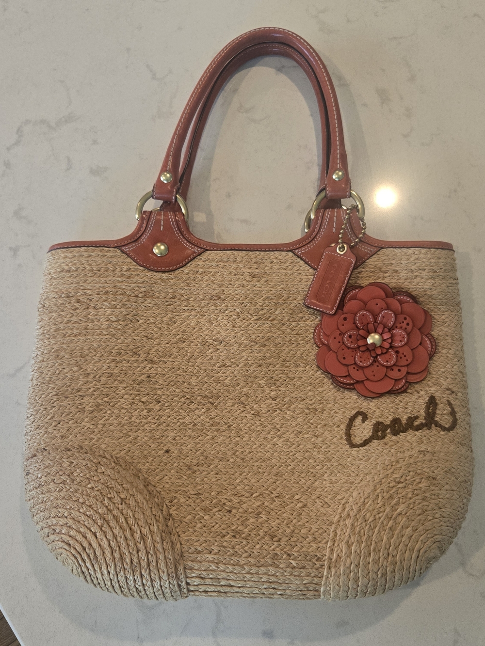 Coach Bleeker Straw Tote with Coral Leather Trim and Flower Charm